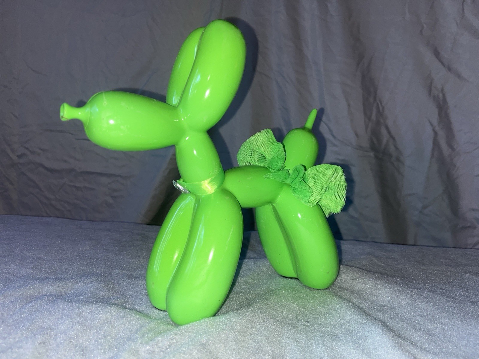 Green Balloon Dog Figurine with Bow, Freestanding Animal Decor