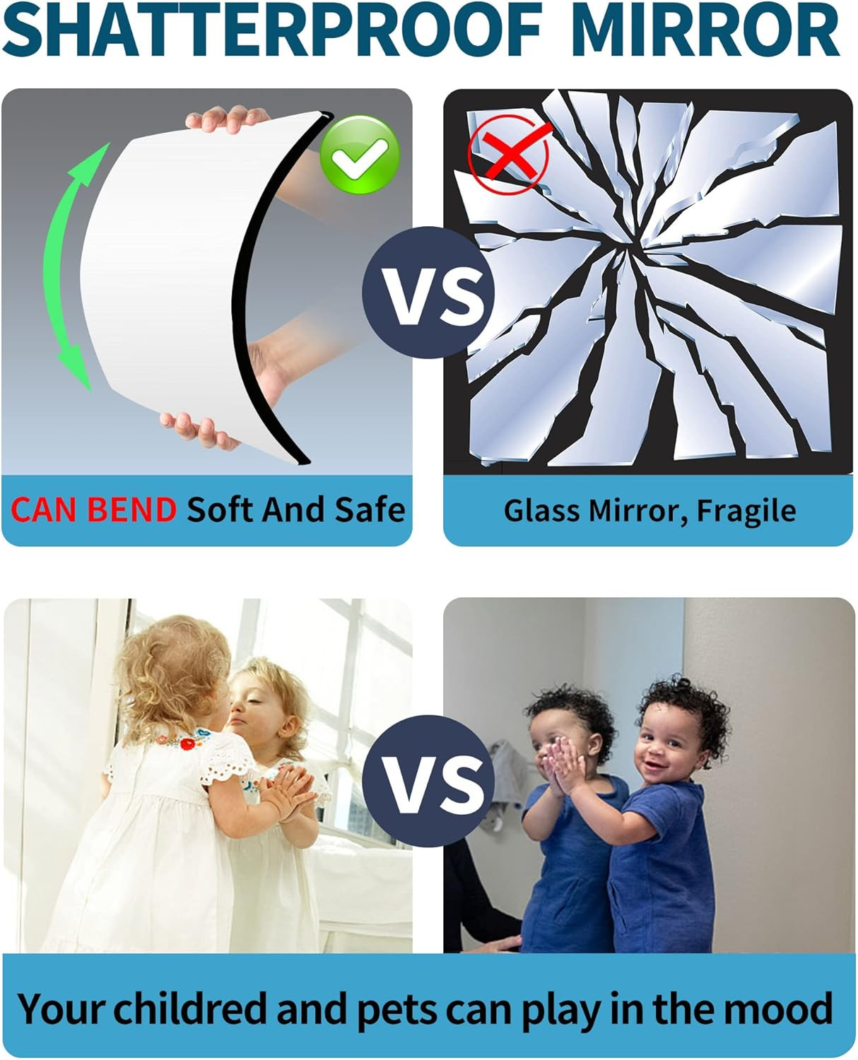 Full-Length Shatterproof Wall Mirror Set, 12×12 Inch, 4 Pcs, Safe for Kids