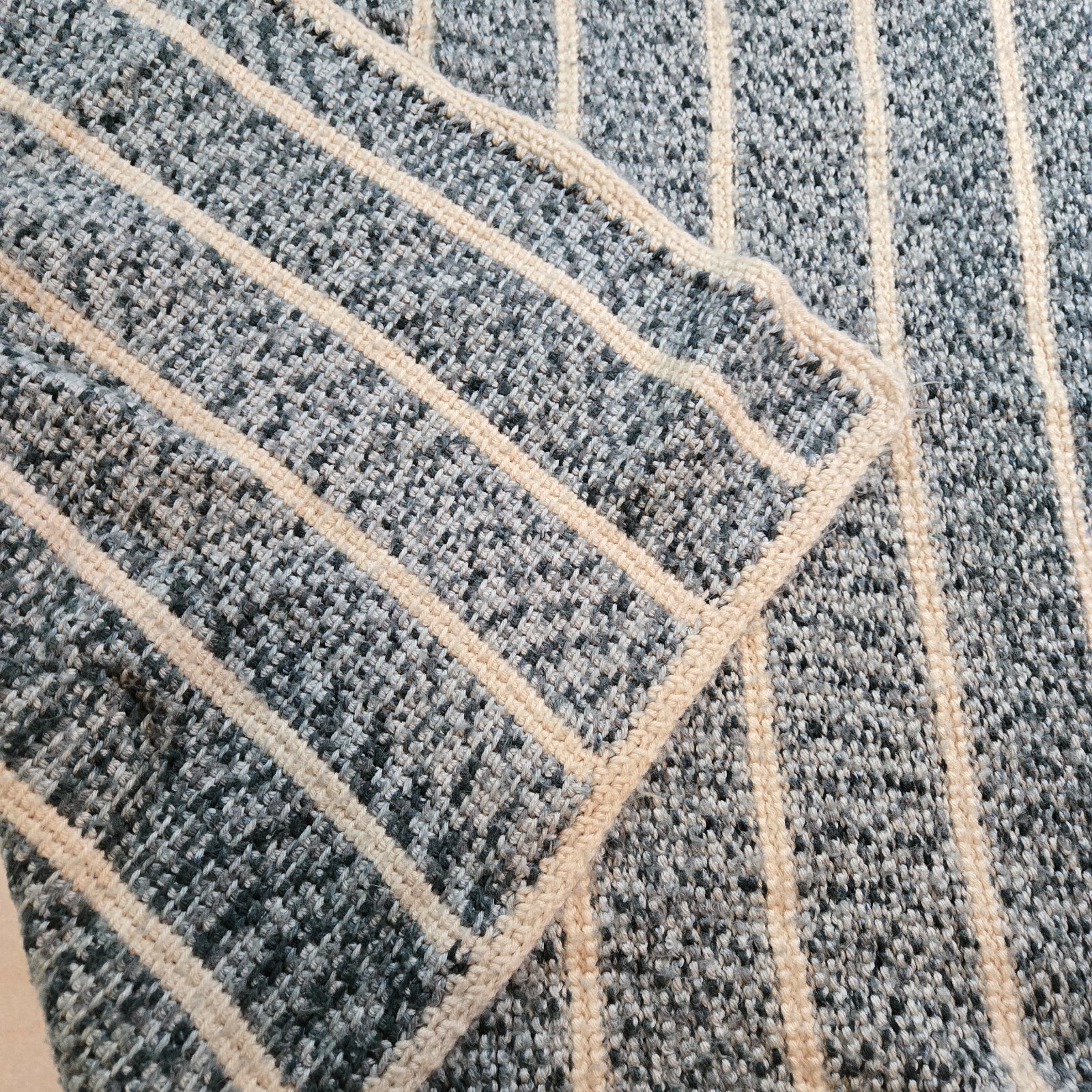 Crochet Afghan Throw 43&Prime;x 52&Prime; Muted Blue White Stripe Cozy Costal Rustic