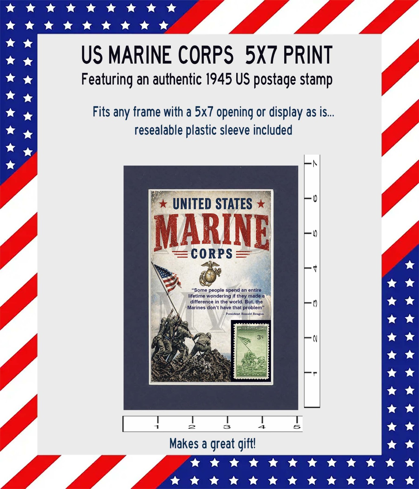 US MARINE CORPS Matted Print Wall Art – USMC Veteran Gift Store Iwo Jima Stamp