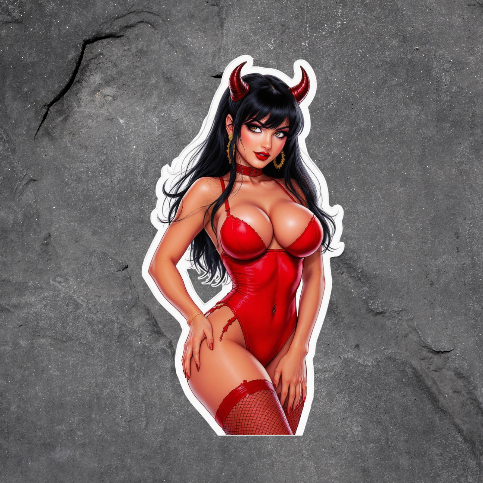 Pinup Girl Sticker Vinyl Decal Devil Costume Horns Red Fishnet Seductive 7&Prime;