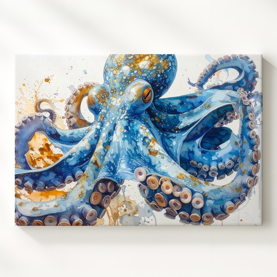 Blue & Orange Octopus Watercolor Canvasstylized Marine Art Wall Art