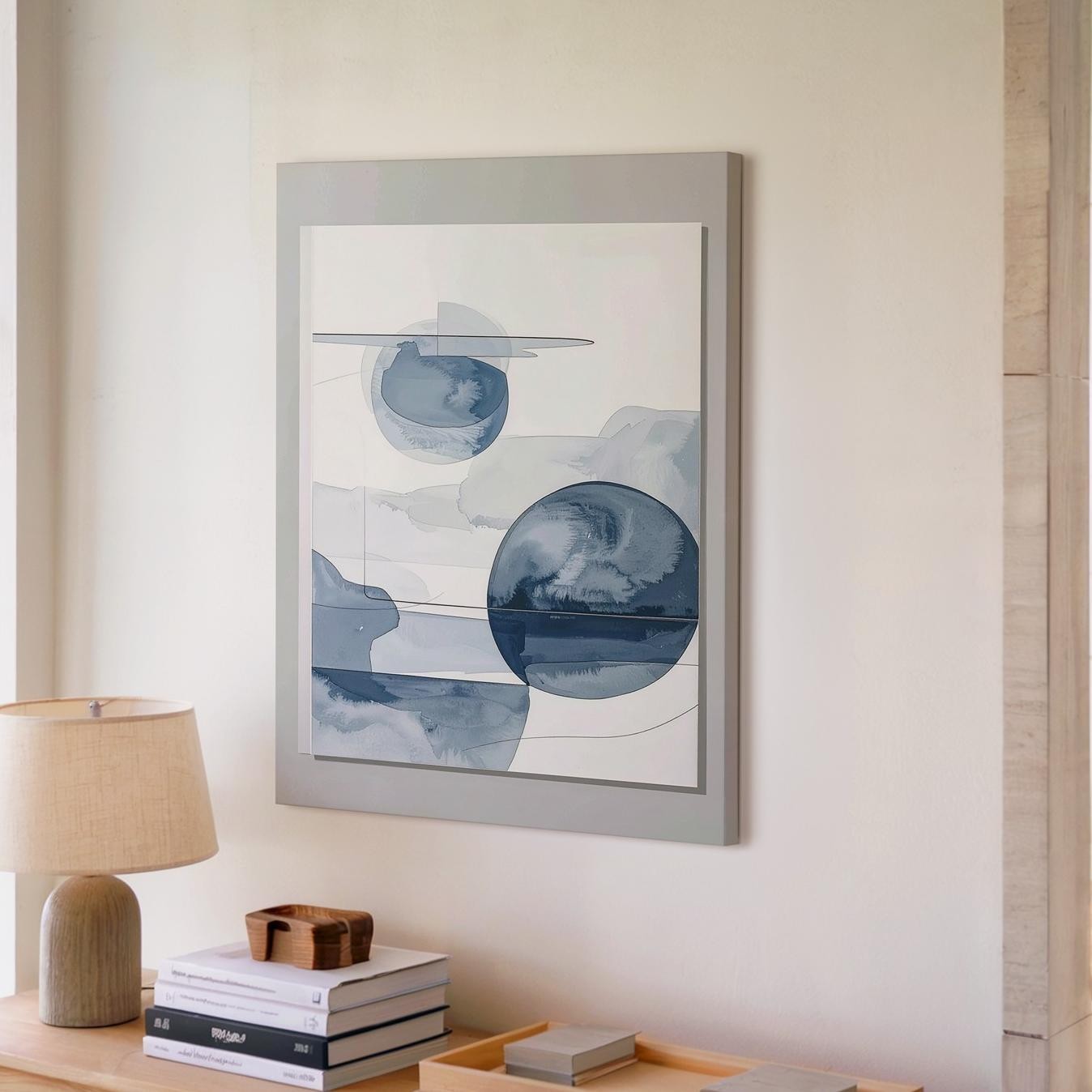 Minimalist Watercolor Canvasfloating Blue-Gray Shapes With Black Ink Lines Wall