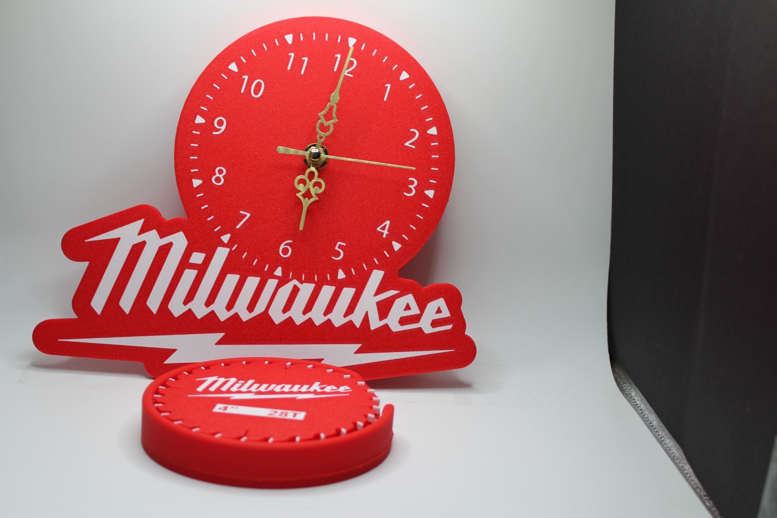 Milwaukee Tools Inspired Wall Clock & Coaster Set For Man Cave Garage Or Bar