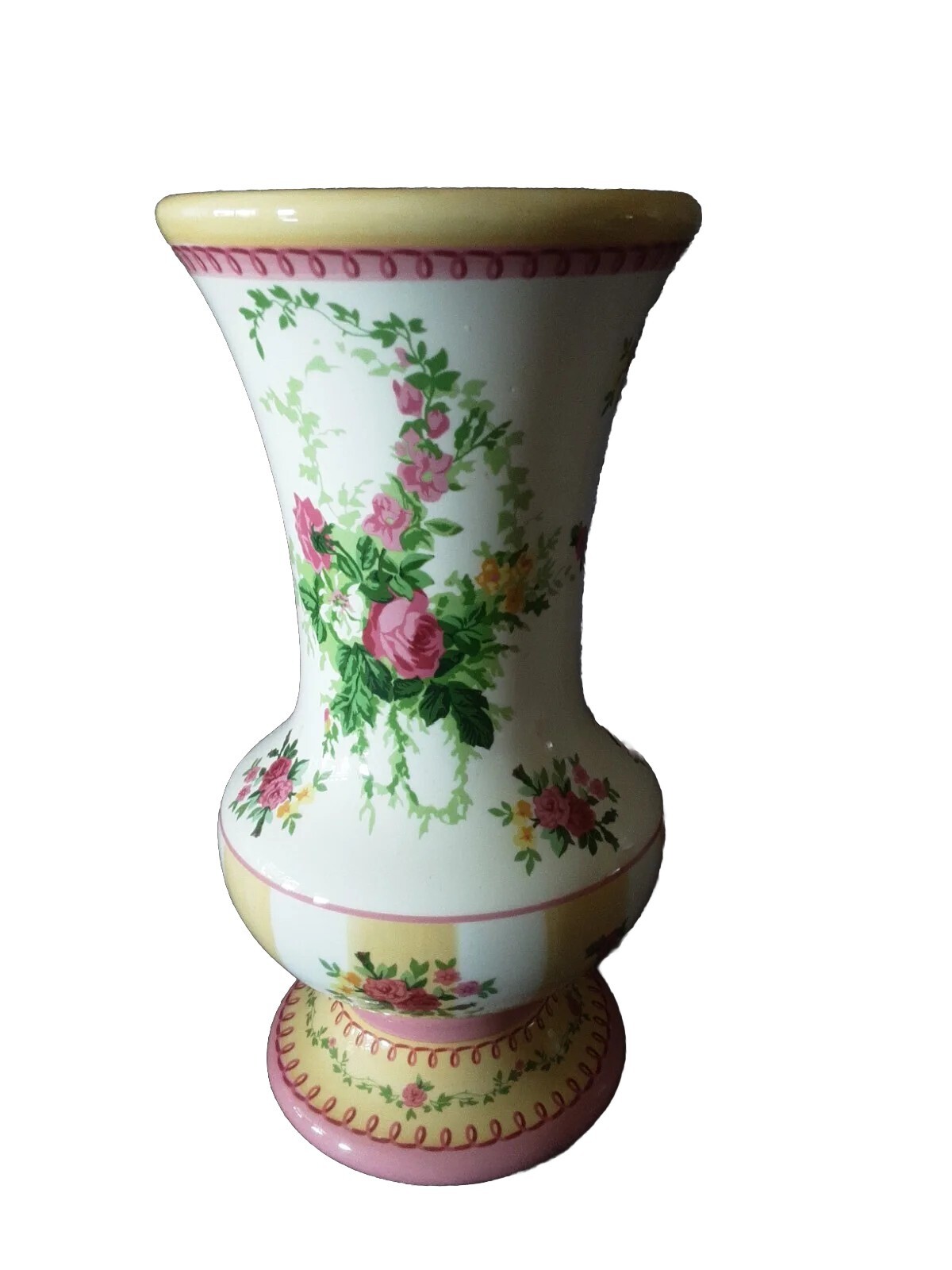 Laura Ashley Home FTD Roses Vase Pink White Roses Yellow Stripes 9&Prime; Ceramic