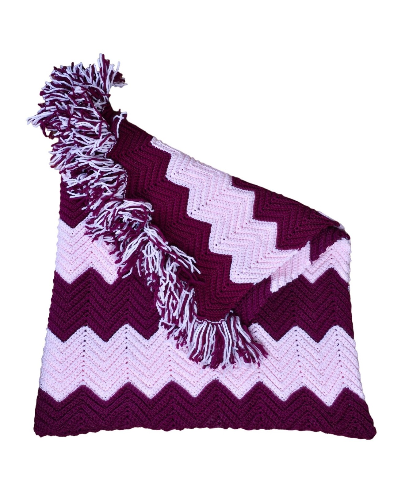 Vintage Handmade Chevron Afghan Blanket Pink Burgundy Fringed Knitted 72&Prime; x 50&Prime;