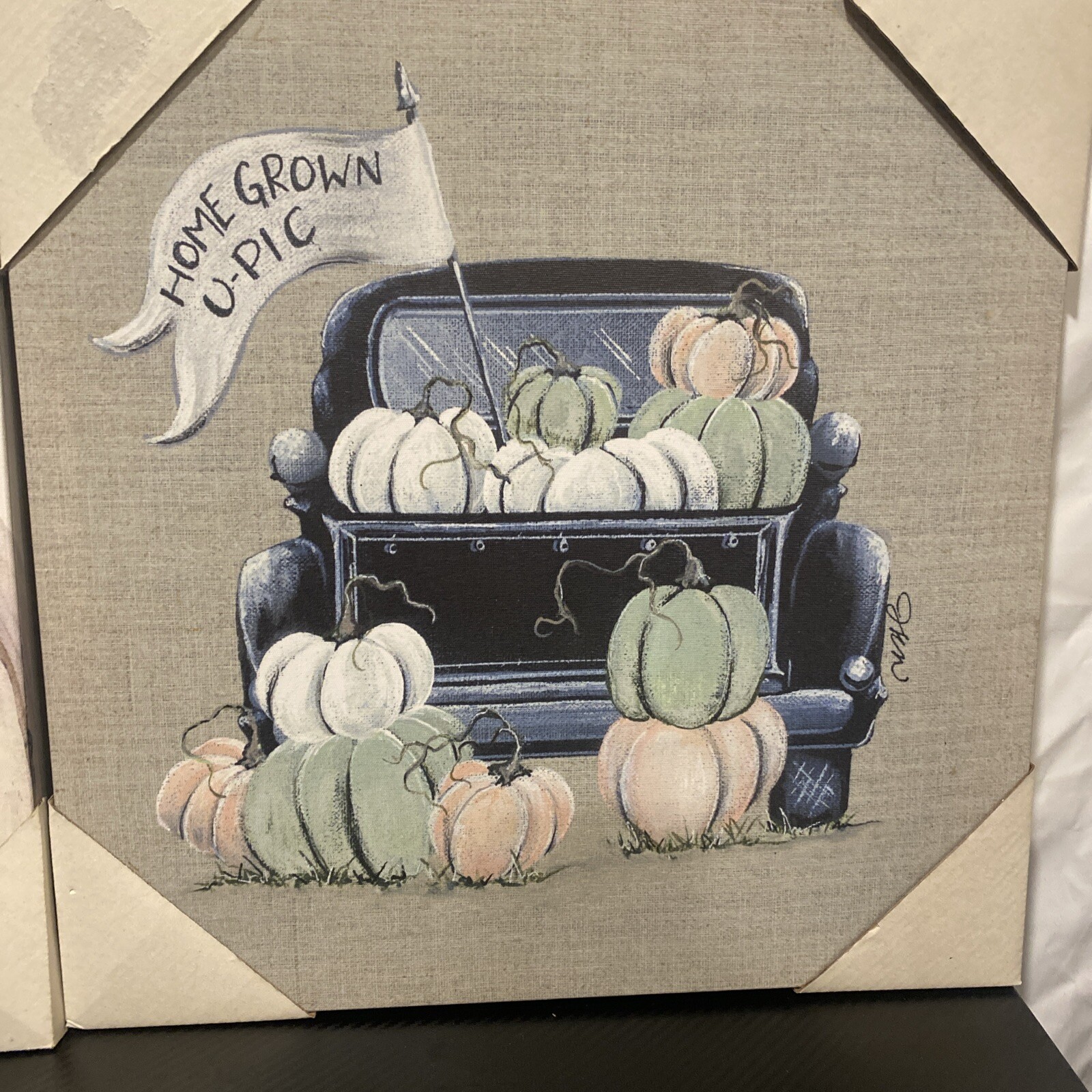 New Farmhouse FALL VINTAGE TRUCK PASTEL PUMPKIN PATCH PICTURE Wall Hanging