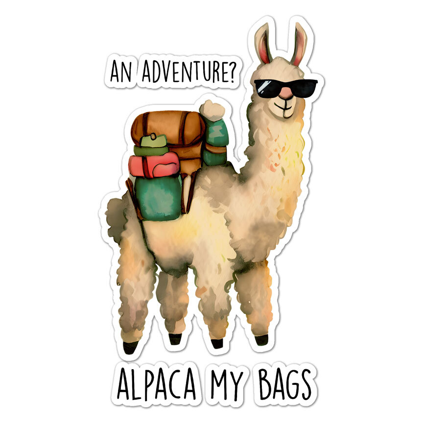 Alpaca Adventure, Vinyl Decal Sticker, Indoor Outdoor, 3 Sizes, #9142