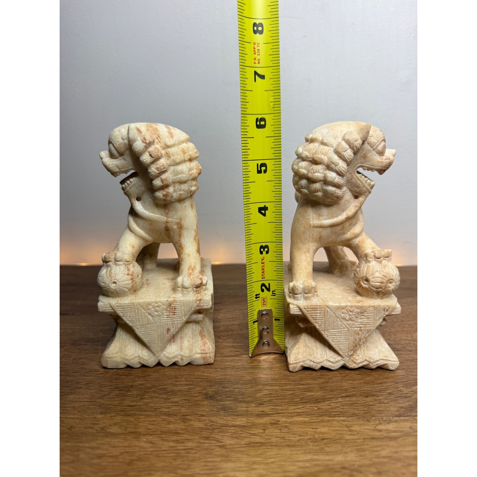 Pair of Hand Carved Soapstone Foo Dog Statues Pair Chinese Guardian Lions Tan 6&Prime;