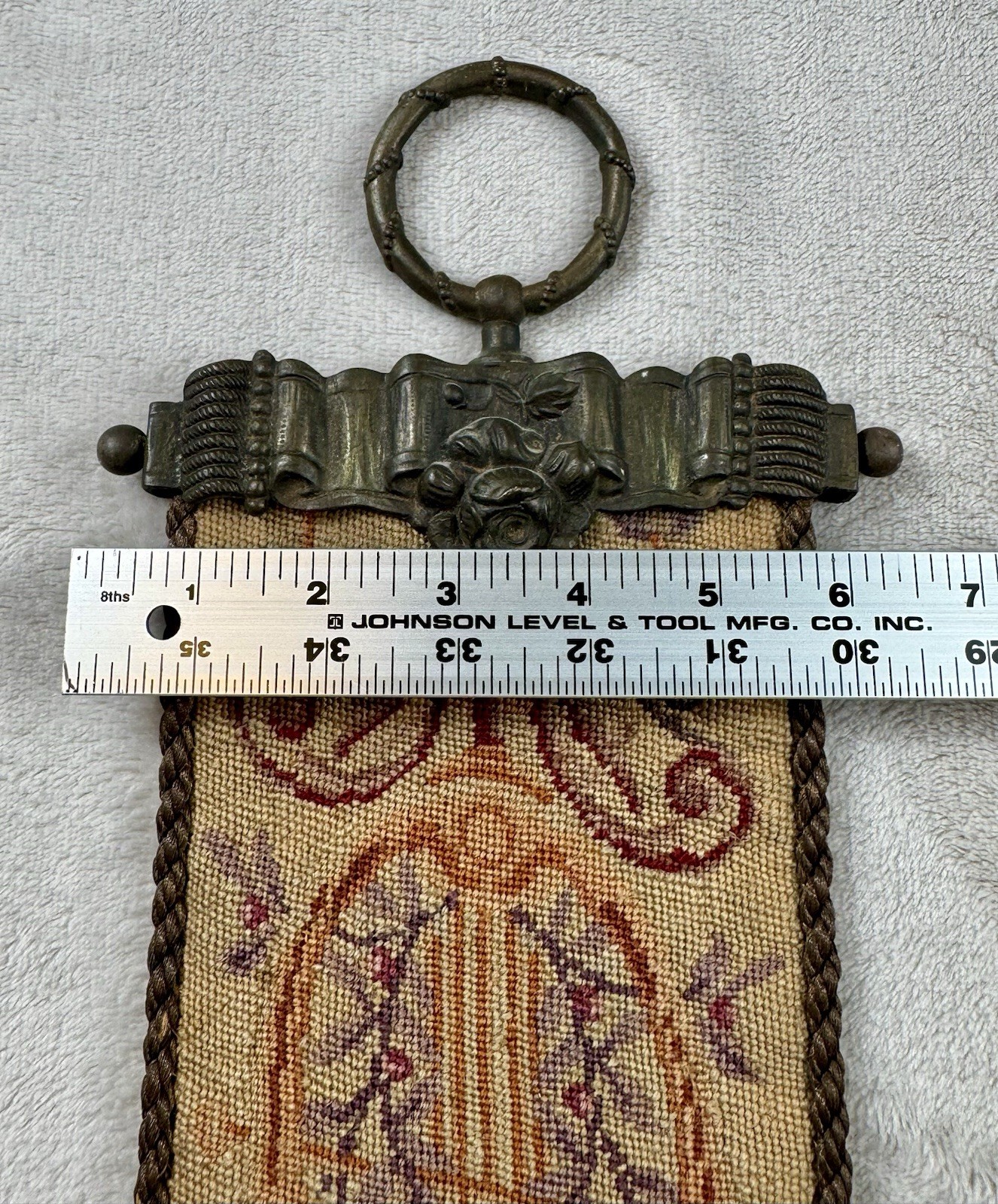 Vtg Wool Needlepoint Bell Pull Floral Motif Wall Hanging Hardware Ends 60×5”