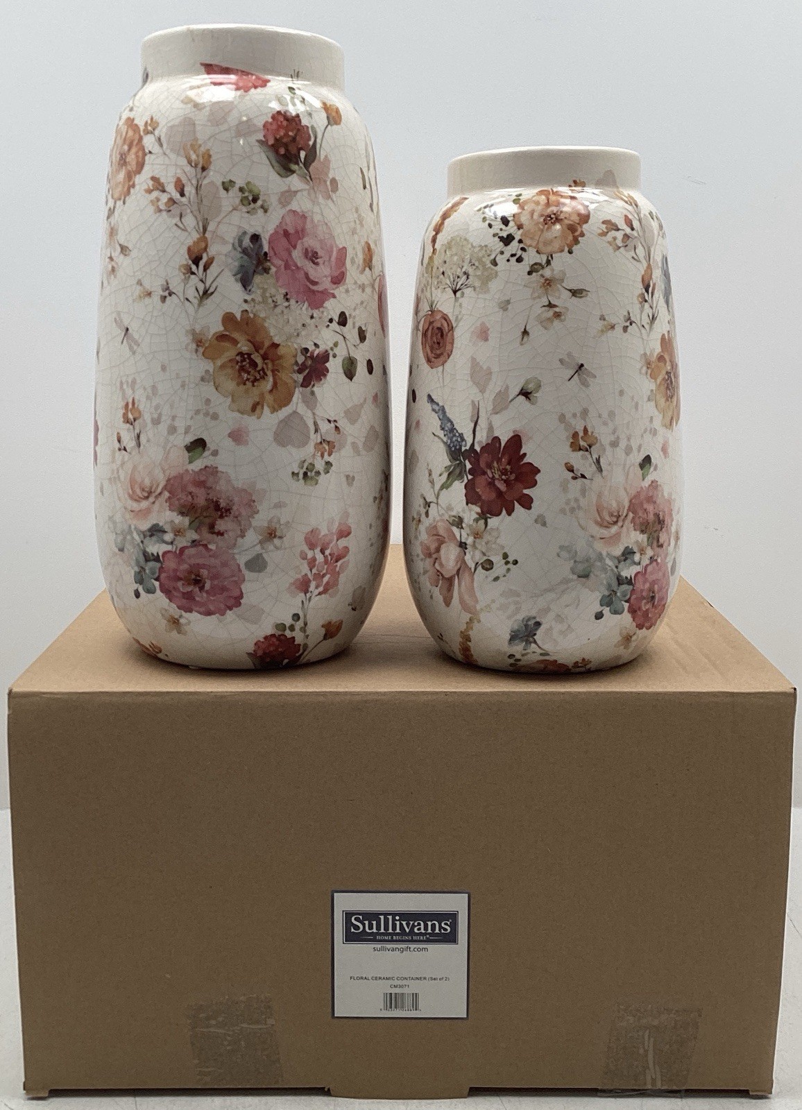 White And Pink Blossom Pattern 12.75” And 10.5” Vases Set Of 2 New In Open Box