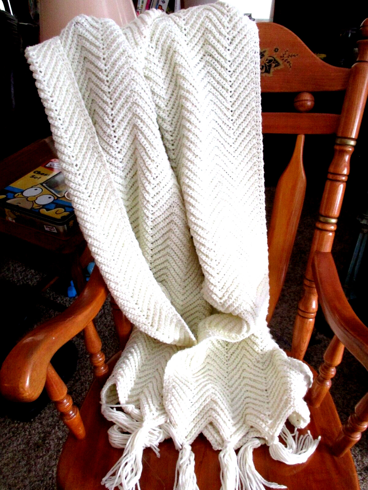 Knit Throw Blanket Chunky w Fringe Lap Home Decorative Ivory Off White 56&Prime; x 48&Prime;