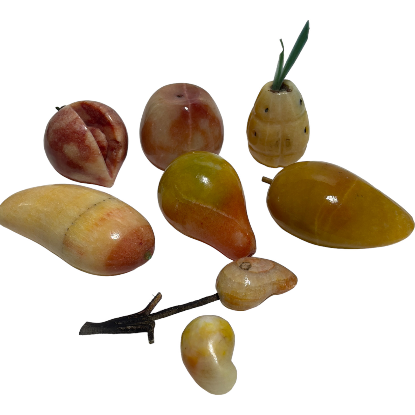 Vintage Alabaster Italian Stone Fruit Lot Of 7 Pieces Mango Pear Pineapple Peach