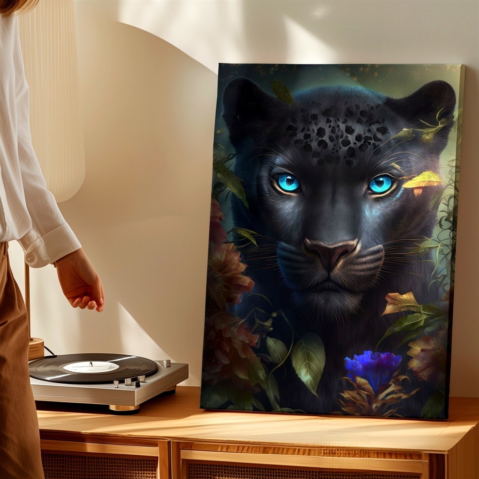 Wall Art Black Panther Blue Eyes Floral Fantasy Animal Canvas Print Modern Decor