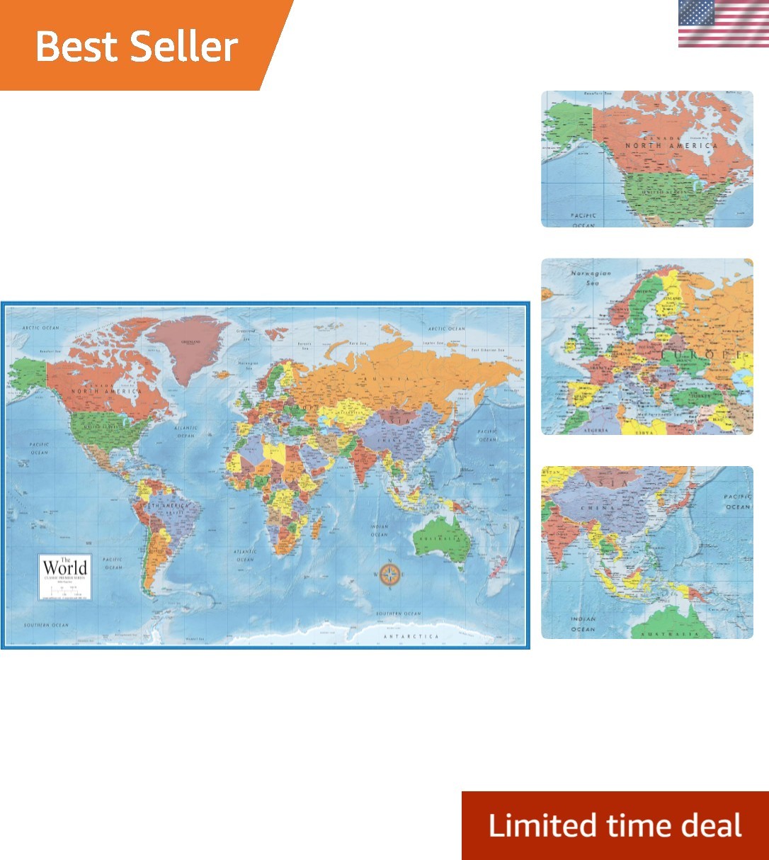 Current Political World Map Poster 24×36 – 3D Shaded Terrain Details