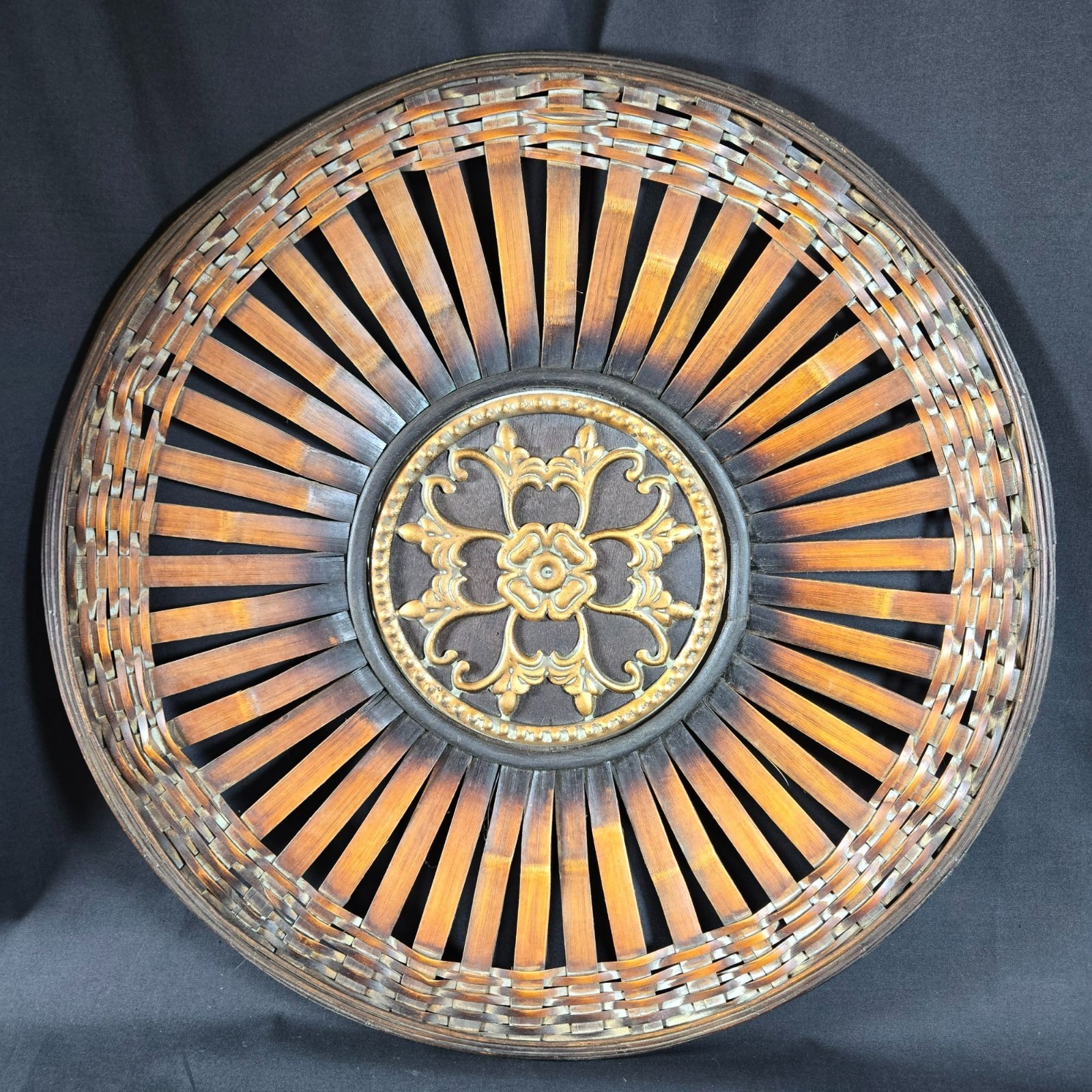 Large 18&Prime; Woven Decorative Wall Wicker Basket Ornate Gold Accents Rustic Boho