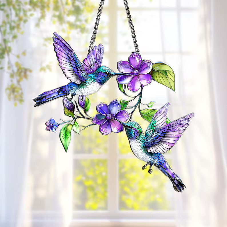 Violet Hummingbird Suncatcher Acrylic Window Decor Art Gift