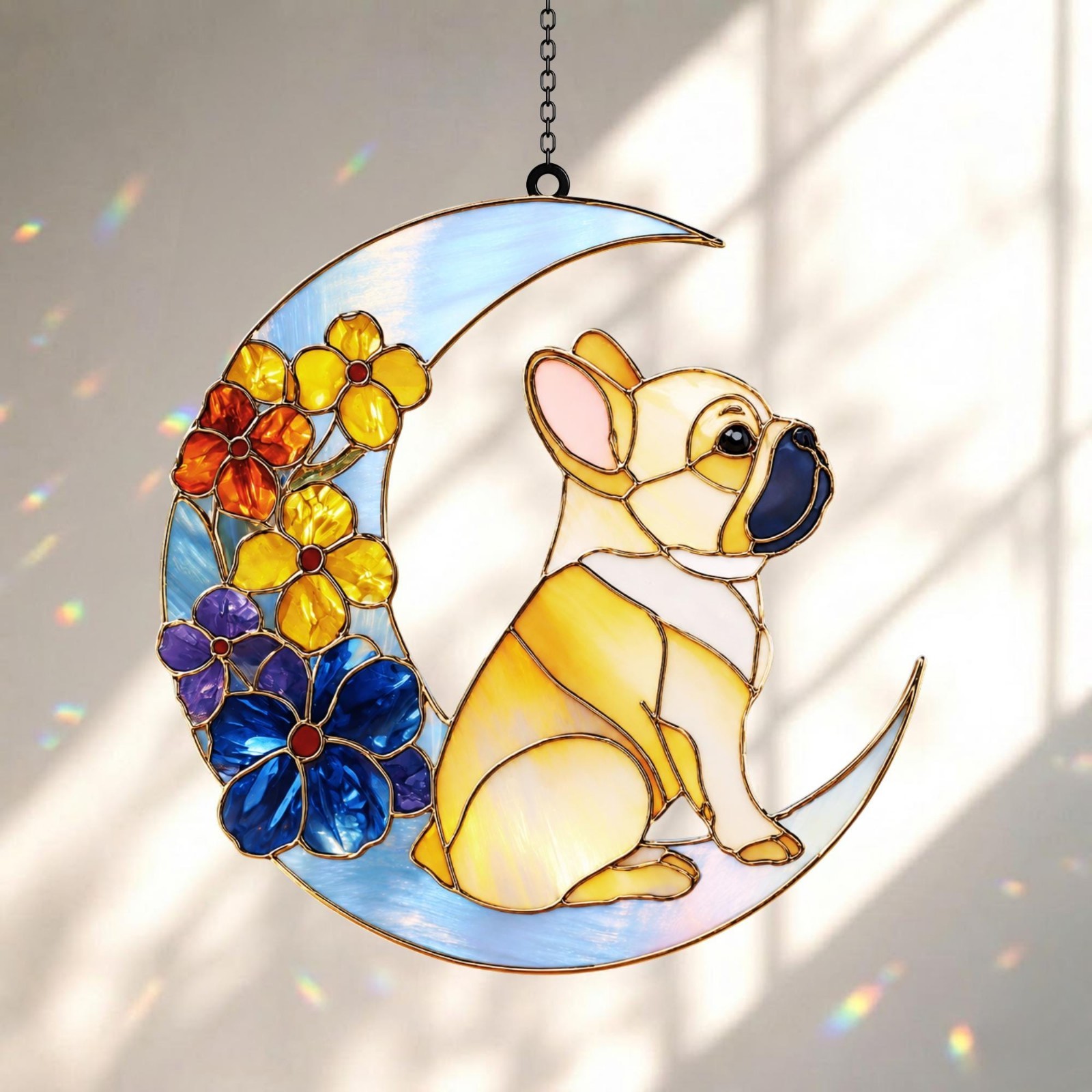 French Bulldog Moon Acrylic Suncatcher, Frenchie Window Hanging