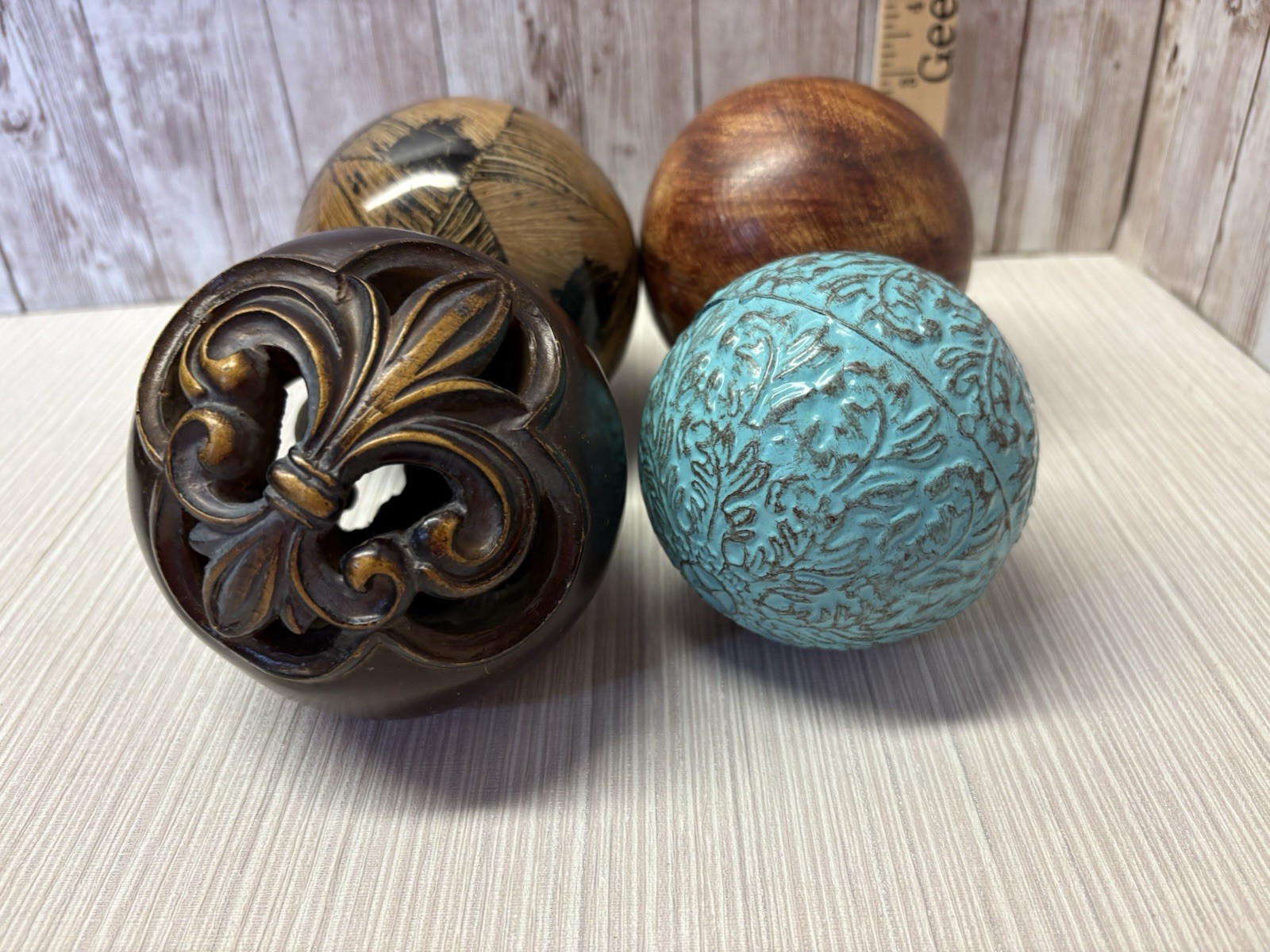 4 Decorative Balls/ Spheres Asst Styles & Fleur de Lis, Blue, Brown FREE SHIP