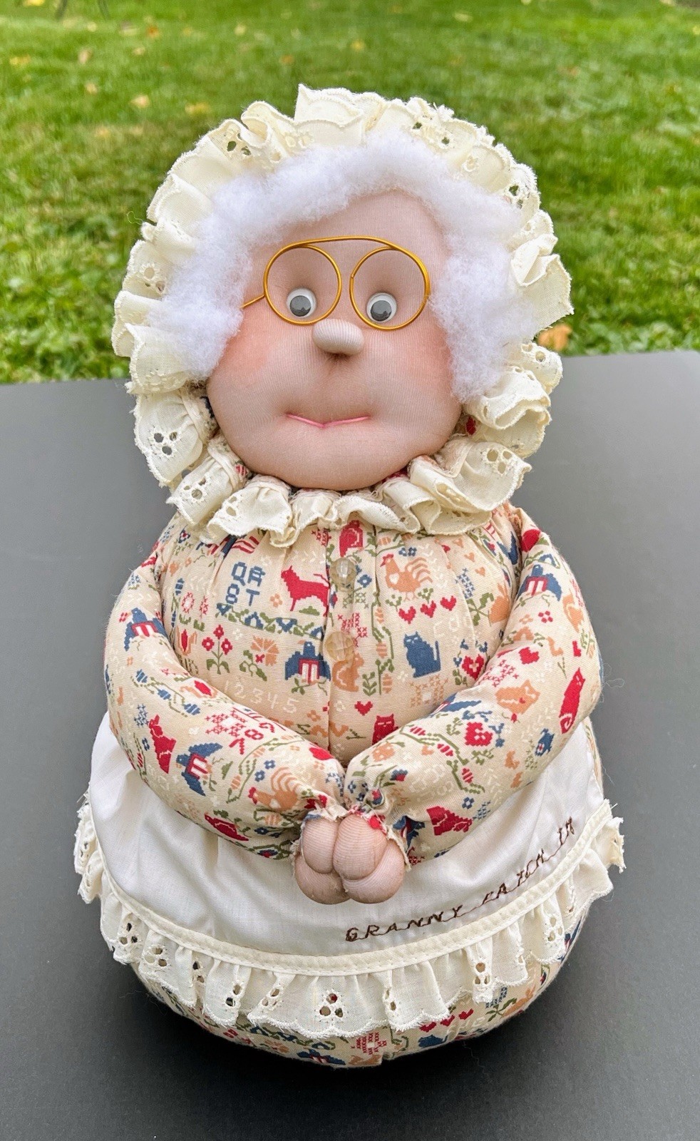 VTG Granny Patch Weighted Doorstop Handmade Doll Grannycore County Farm Cottage