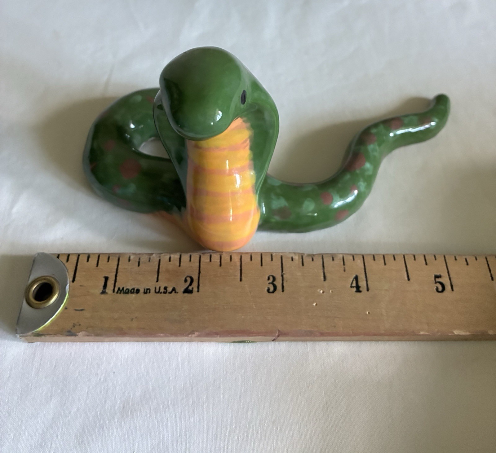 Hand Painted Ceramic Snake Cobra Figurine Green & Yellow Spots Pottery Art Signe