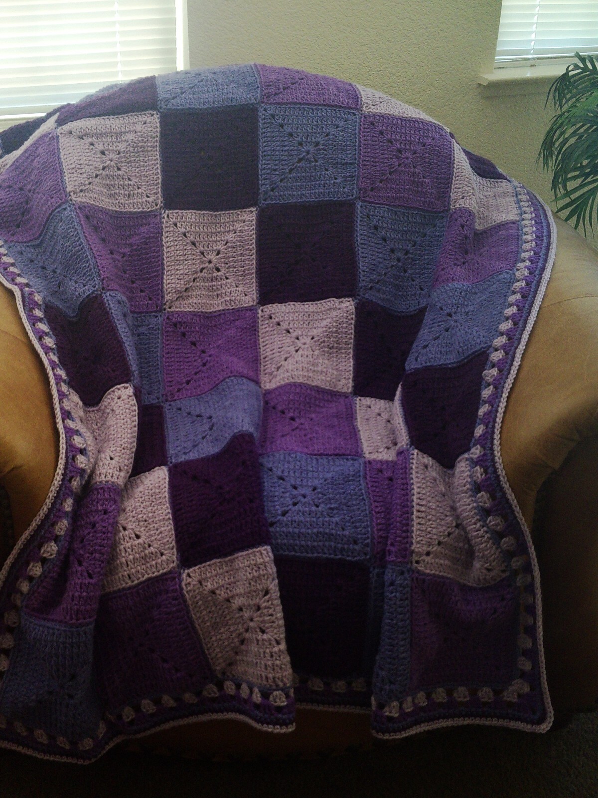 NEW HAND CROCHET PURPLE MULTI COLOR SQUARES AFGHAN LAP BLANKET THROW