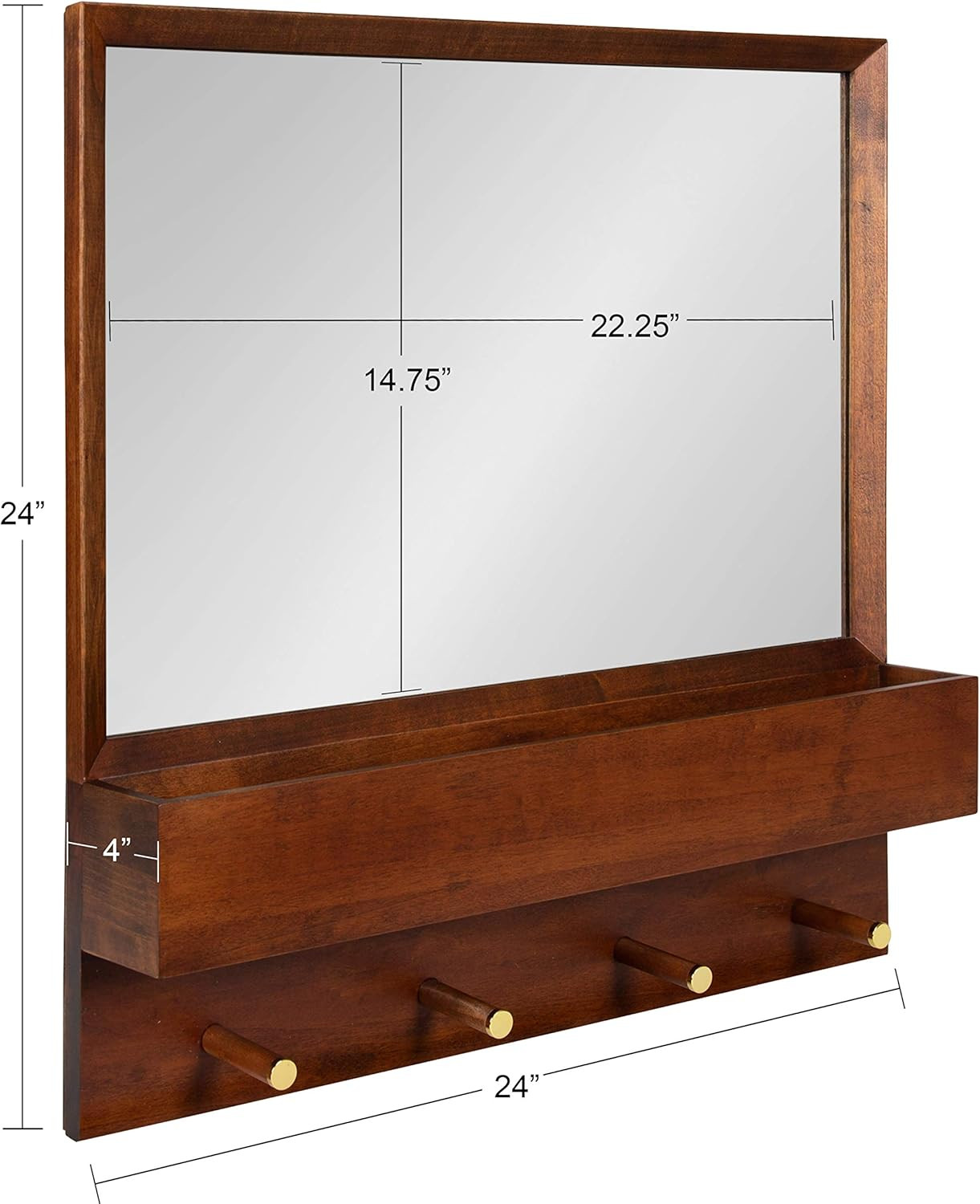Mid-Century Walnut Wall Mirror with Shelf, Hooks & Mail Organizer, 24×24
