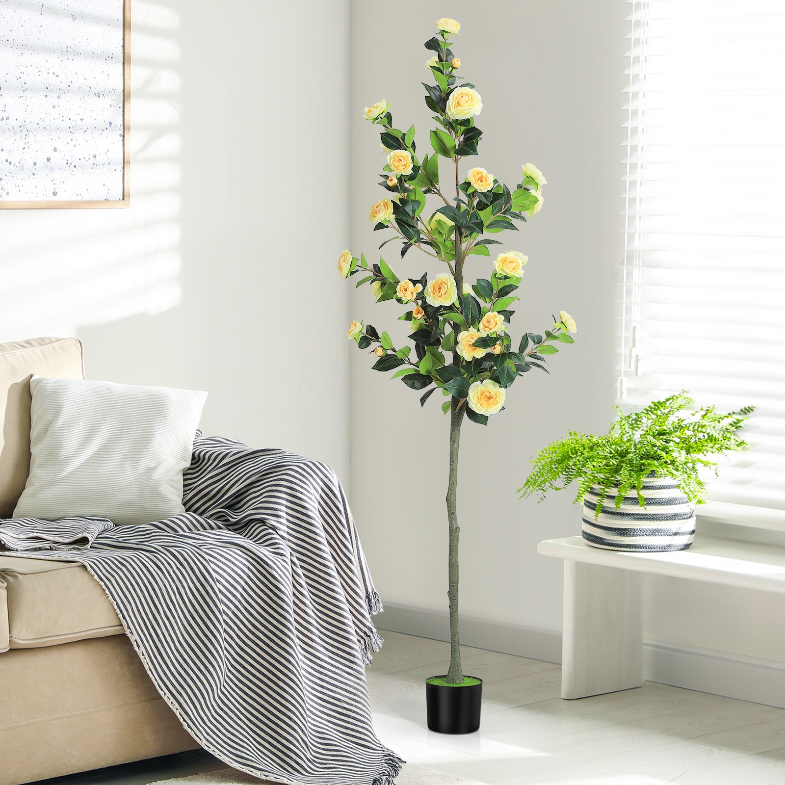 6FT Artificial Camellia Tree, Realistic Yellow Fake Elegant Plant Indoor Plants