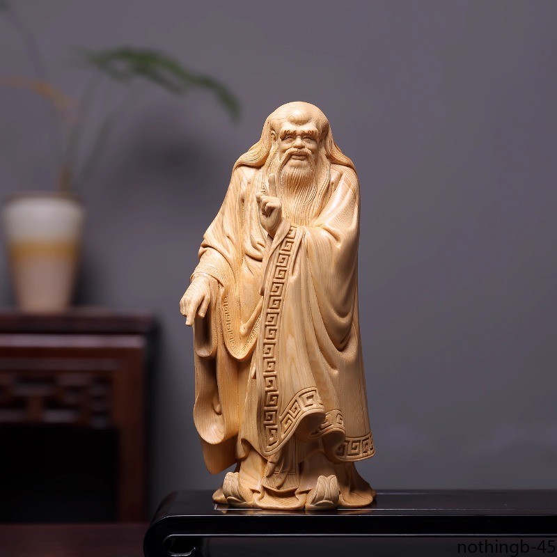 Hand-Carved Cypress Wood Laozi Statue Taoist Sage Figurine Home Decor Craft