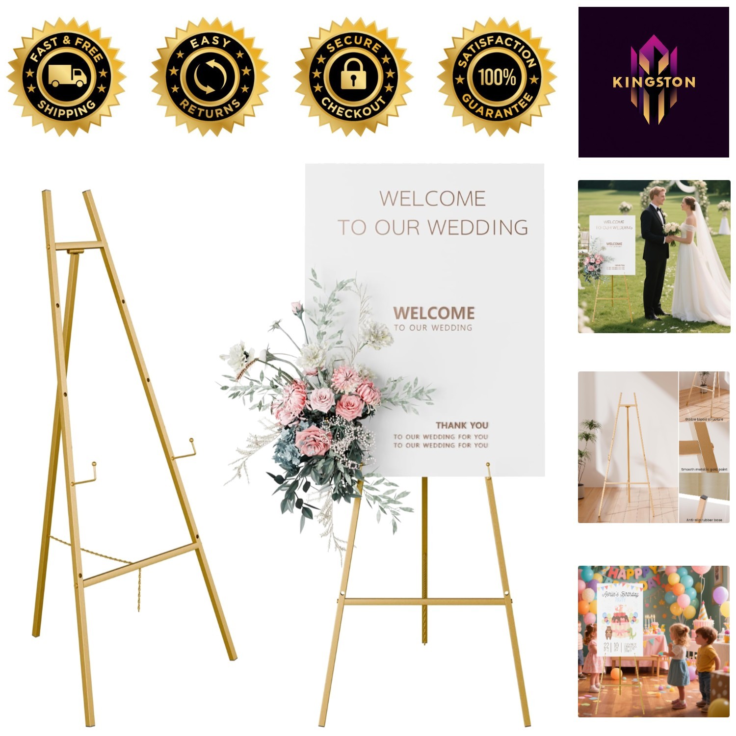 Gold Display Easel – 4 Adjustable Heights for Art & Wedding Signs