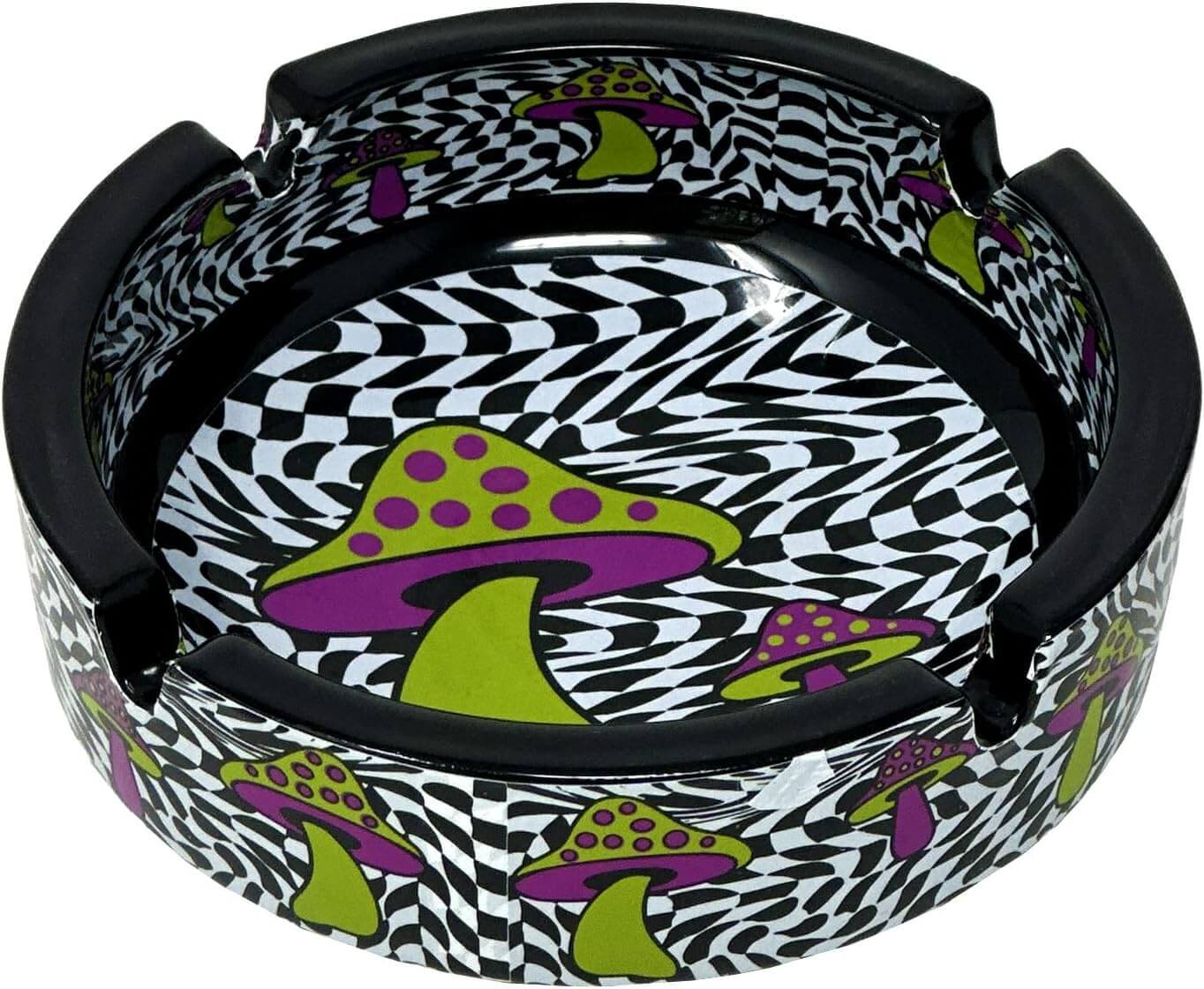 Psychedelic Mushroom – Black & White Novelty Glass Ashtray – 4.25&Prime; Diameter