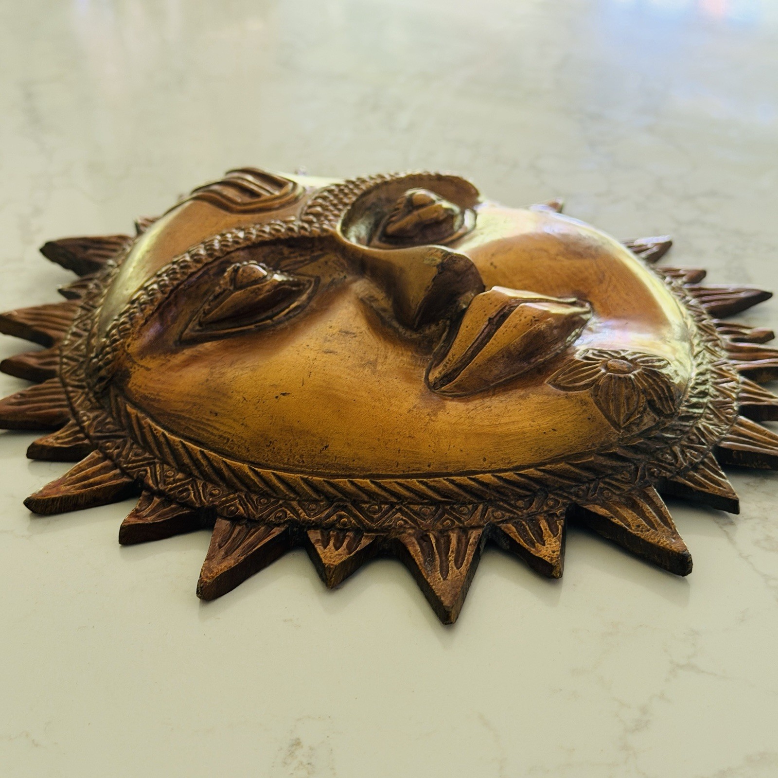 Vintage Celestial Sun Face Wall Plaque Cast Brass Metal With Patina 8&Prime; Diameter