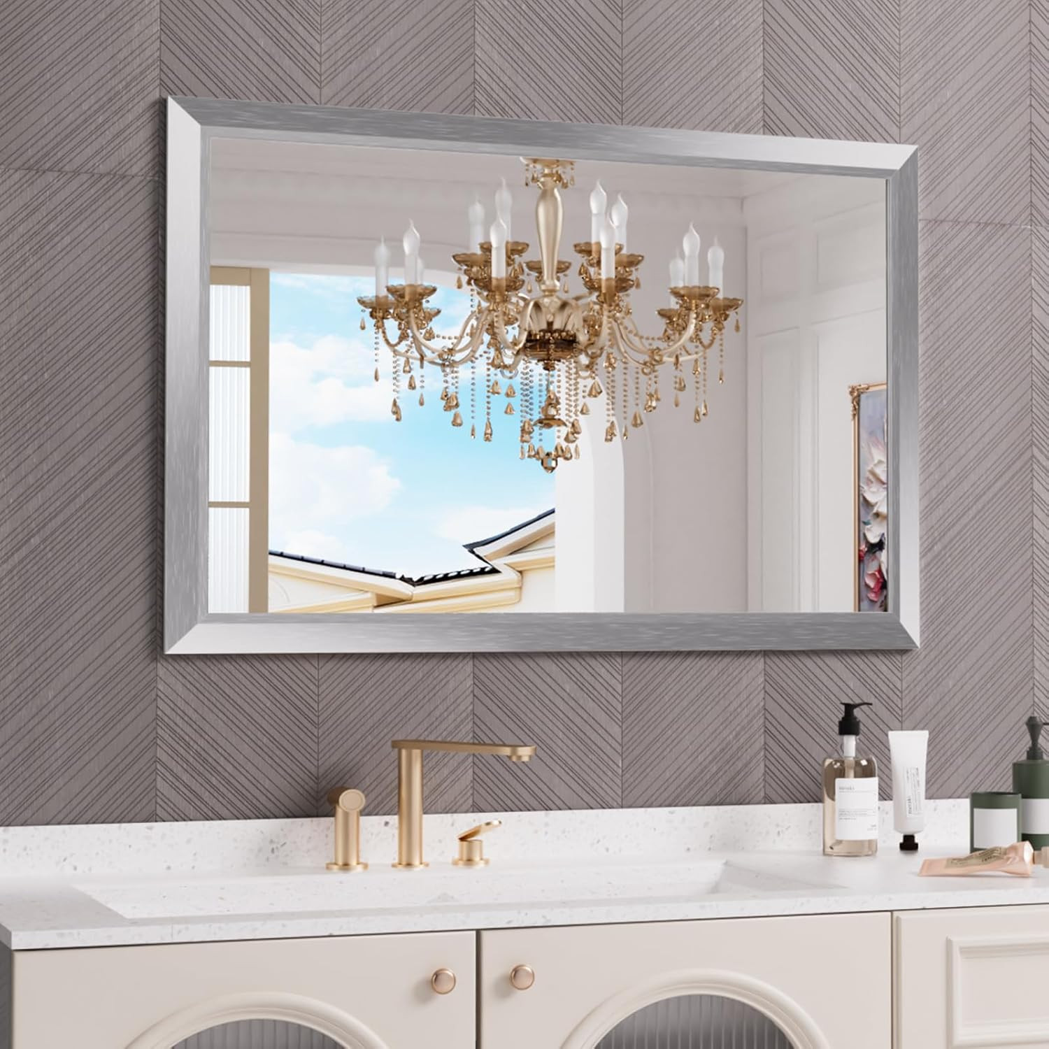 48×32 Inch Silver Bathroom Mirror, Thick Metal Frame, Horizontal/Vertical