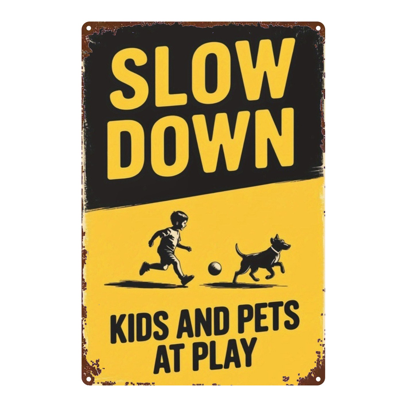 Vintage « Slow Down Kids Pets At Play » Metal Tin Sign Home Yard Safety Decor