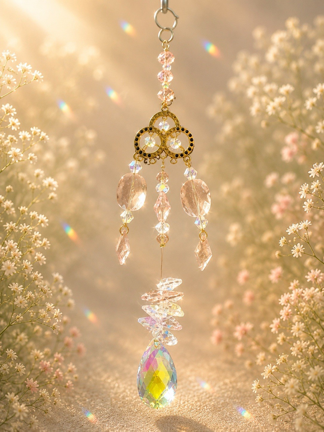 Handmade Pink Glass Crystal Suncatcher, Antique Style with Gold Rings