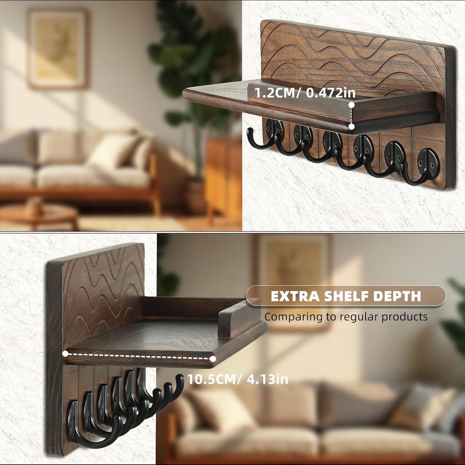 Key Holder Wall Decor-11.8&Prime; Solid Ash Wood Entryway Organizer W/ 6 Hooks & Extra