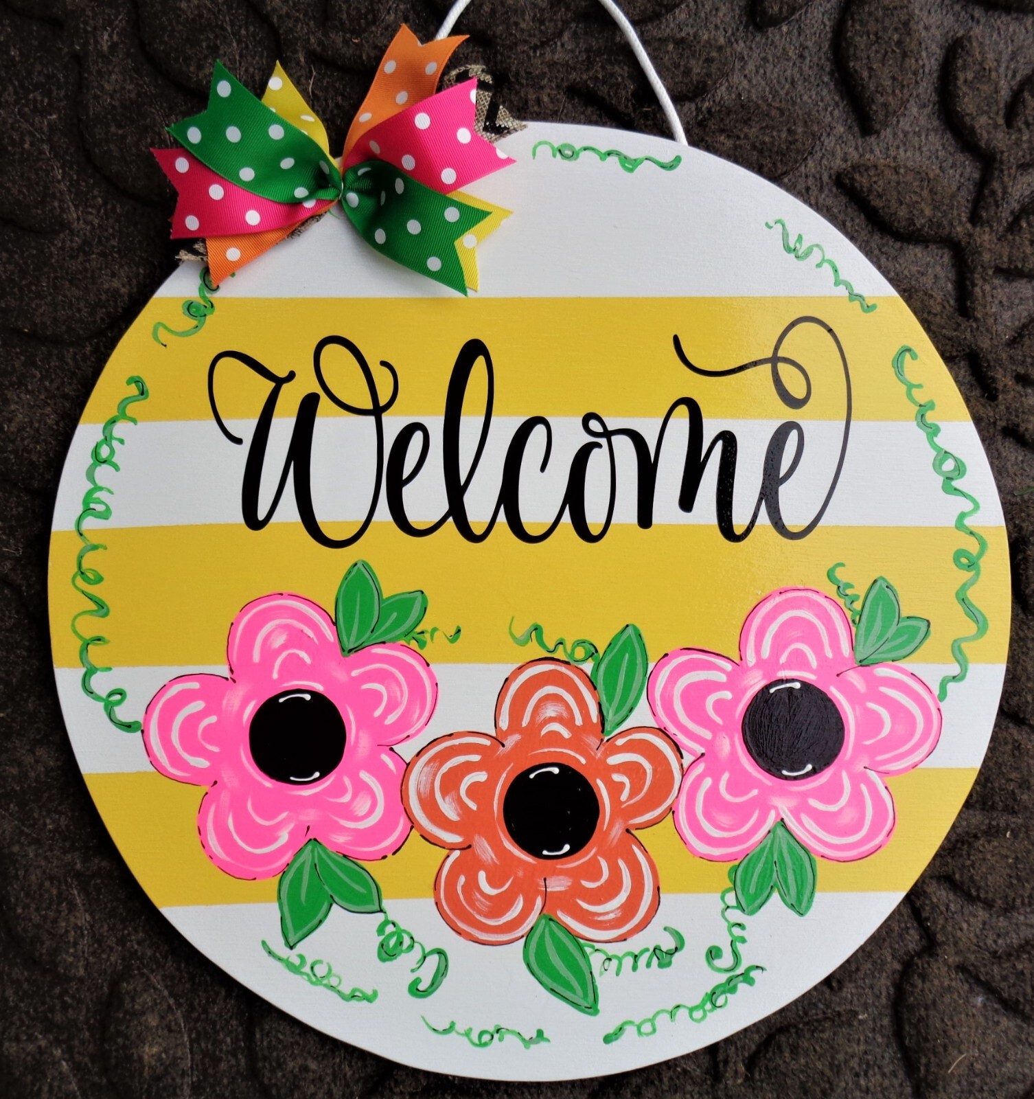 Welcome or PERSONALIZED Flowers Stripe Sign Wood Plaque Hand Crafted Door Circle