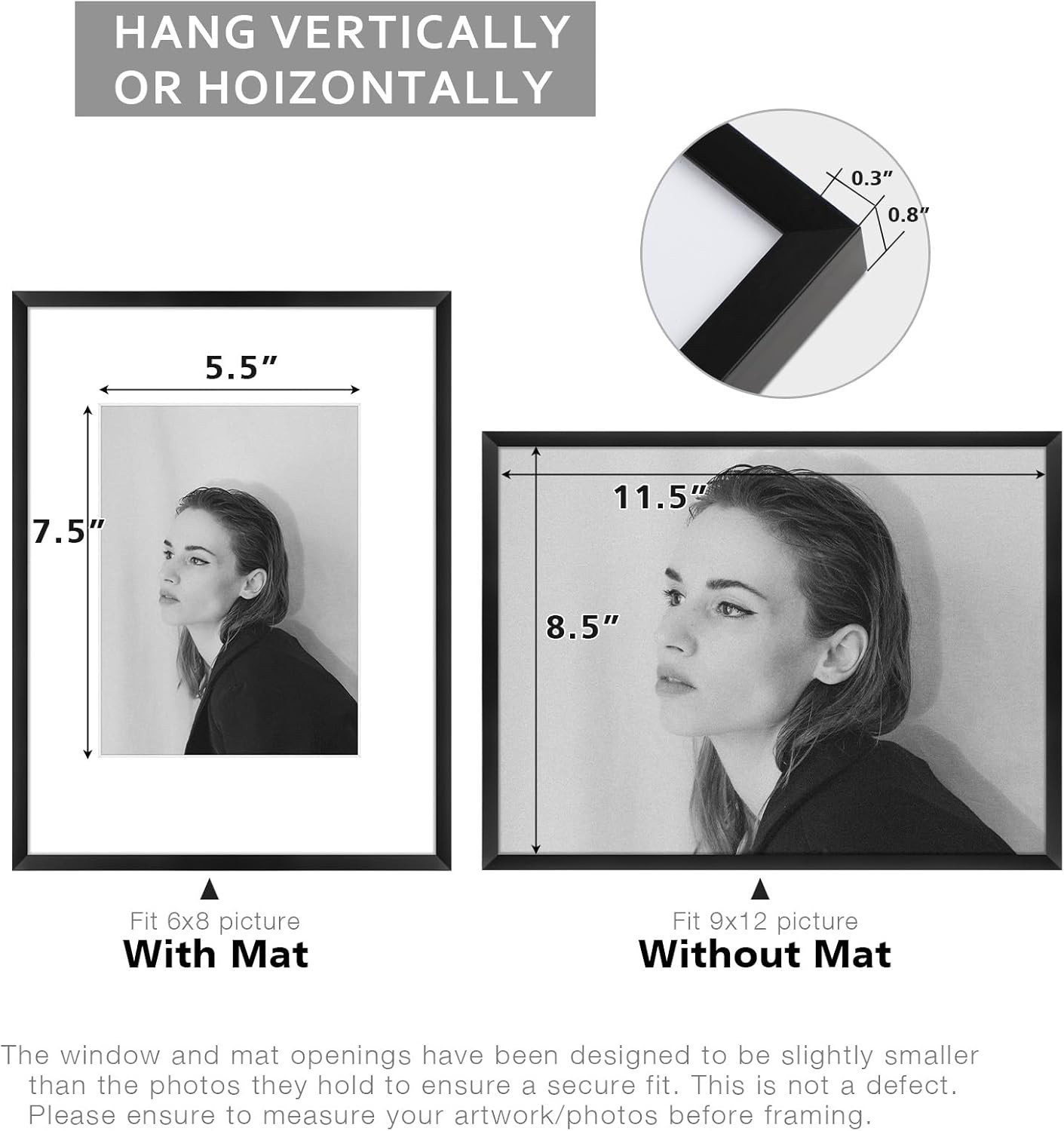 Versatile Black 9×12 Aluminum Frame with Optional Mat – Perfect for Wall Display