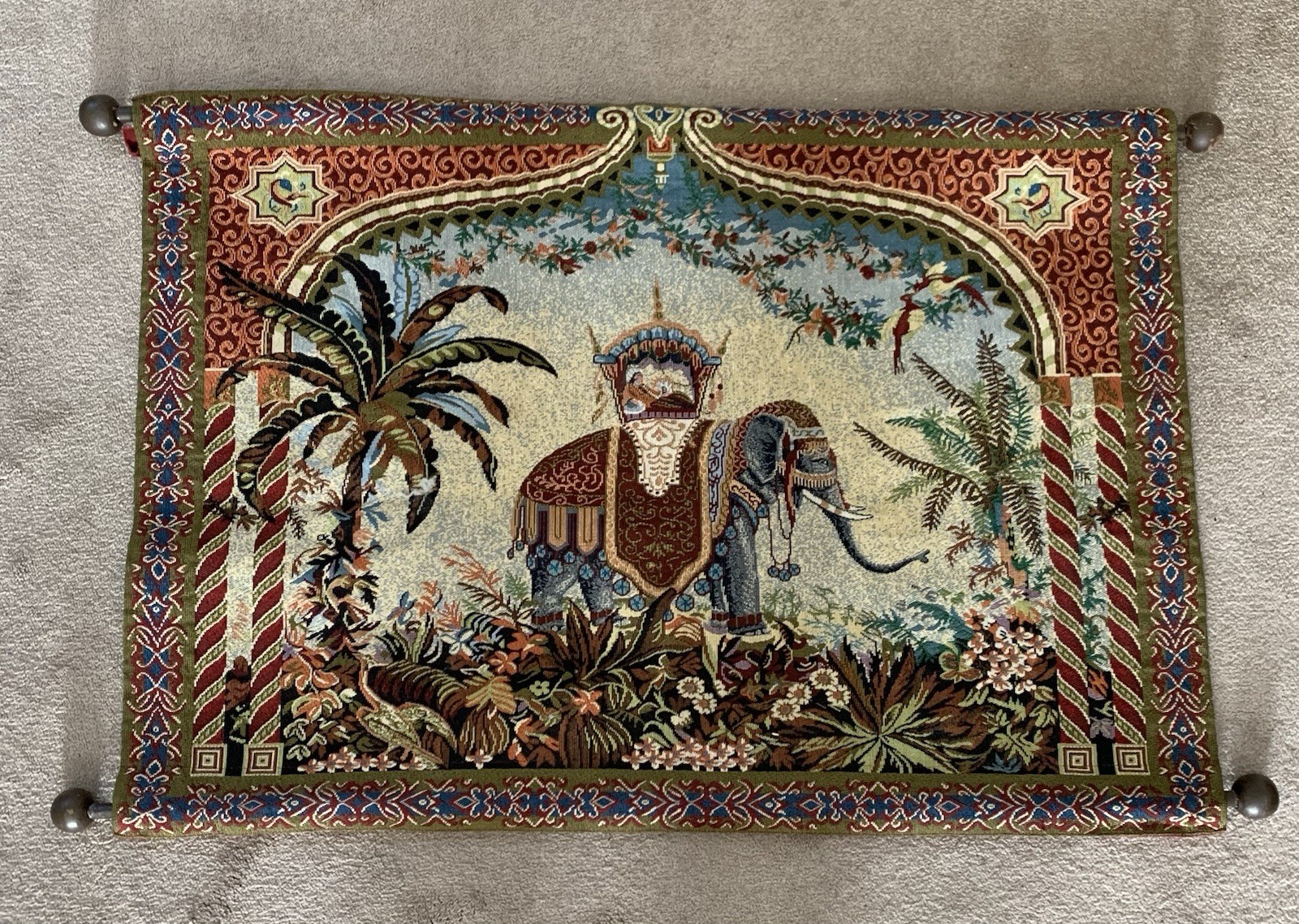 Vtg Bombay Company Elephant Tapestry 39” L x 24” W w/Wooden Rods Ready to Hang