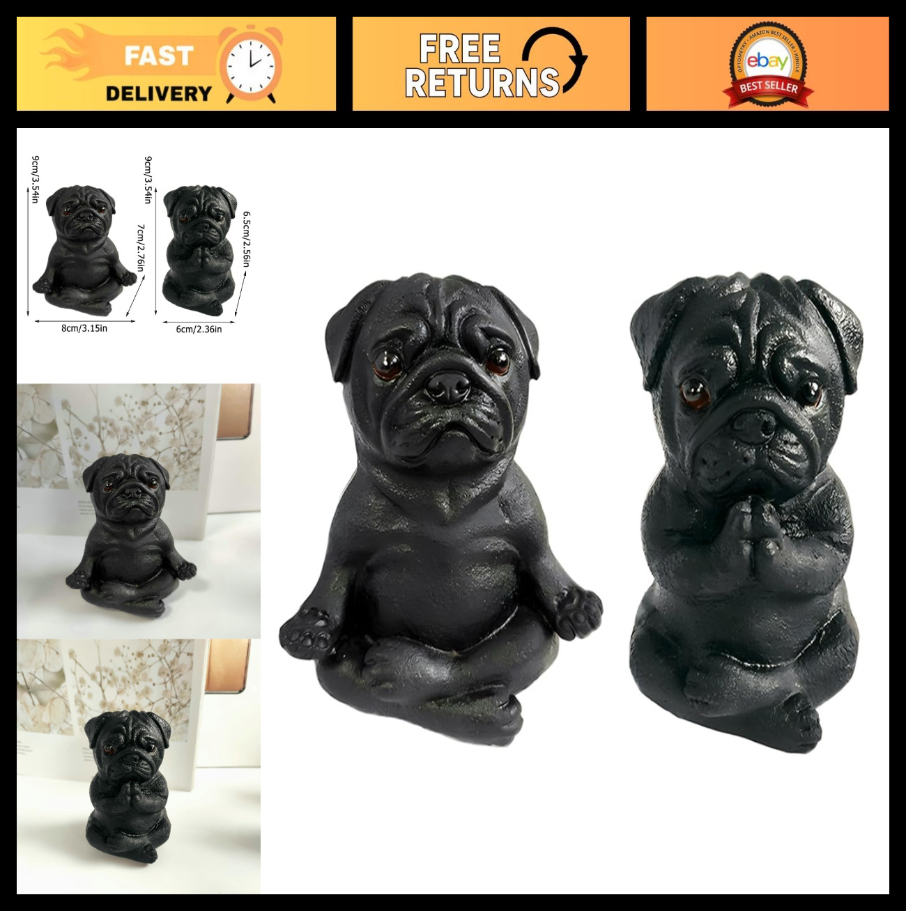 2 Pack Yoga Pug Sculptures – Meditating Fairy Garden Figurines, Home Office Deco