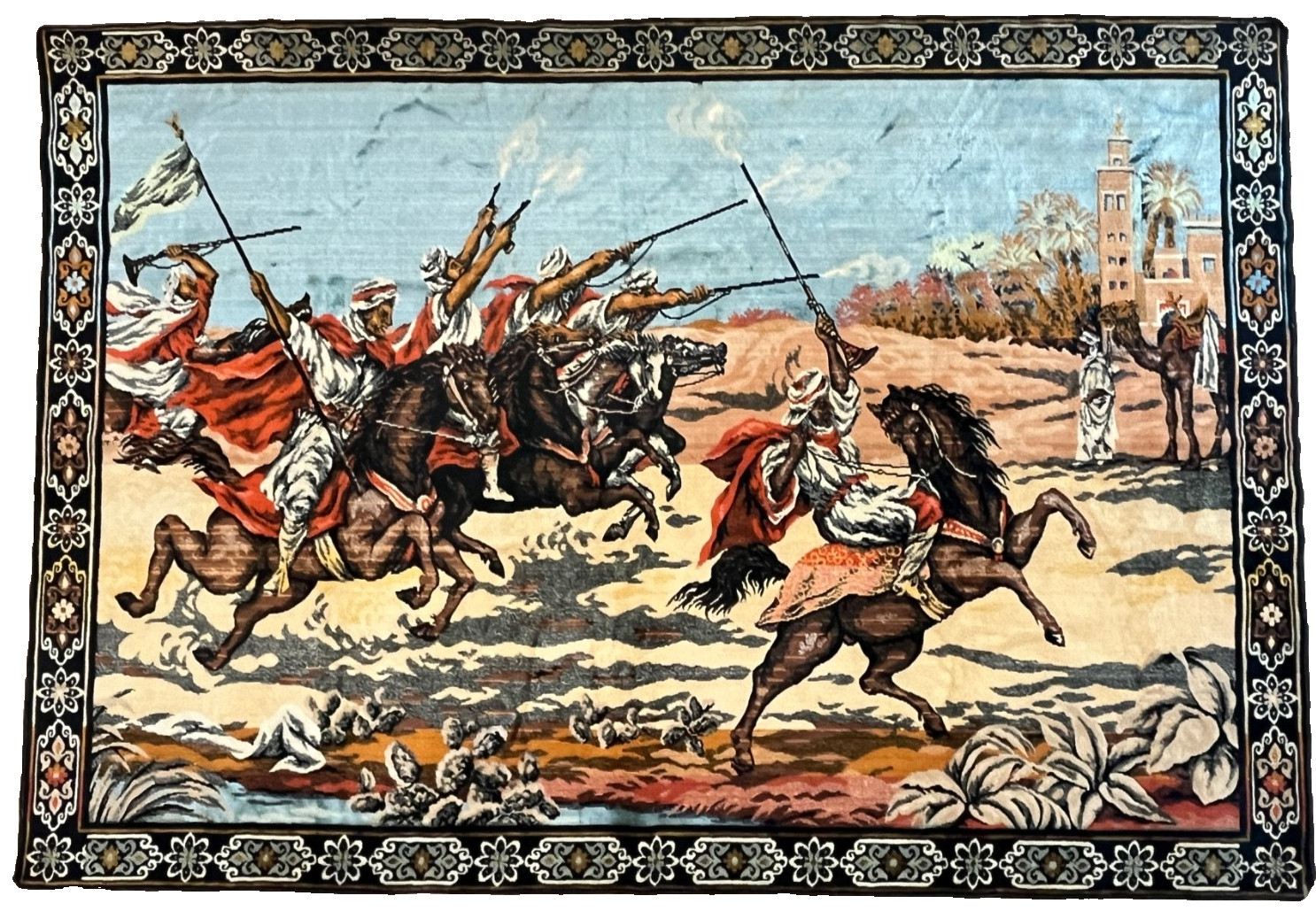 Vtg HUGE 70&rsquo;s ARABIAN KNIGHTS Wall Middle East Velvet TAPESTRY 69&Prime; x 48&Prime;