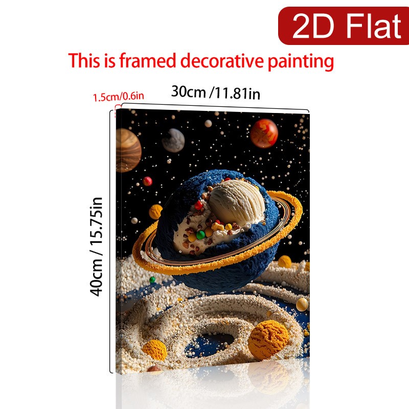 Ice Cream Saturn Planet in Space Canvas Wall Art, Surreal Dessert Home Decor