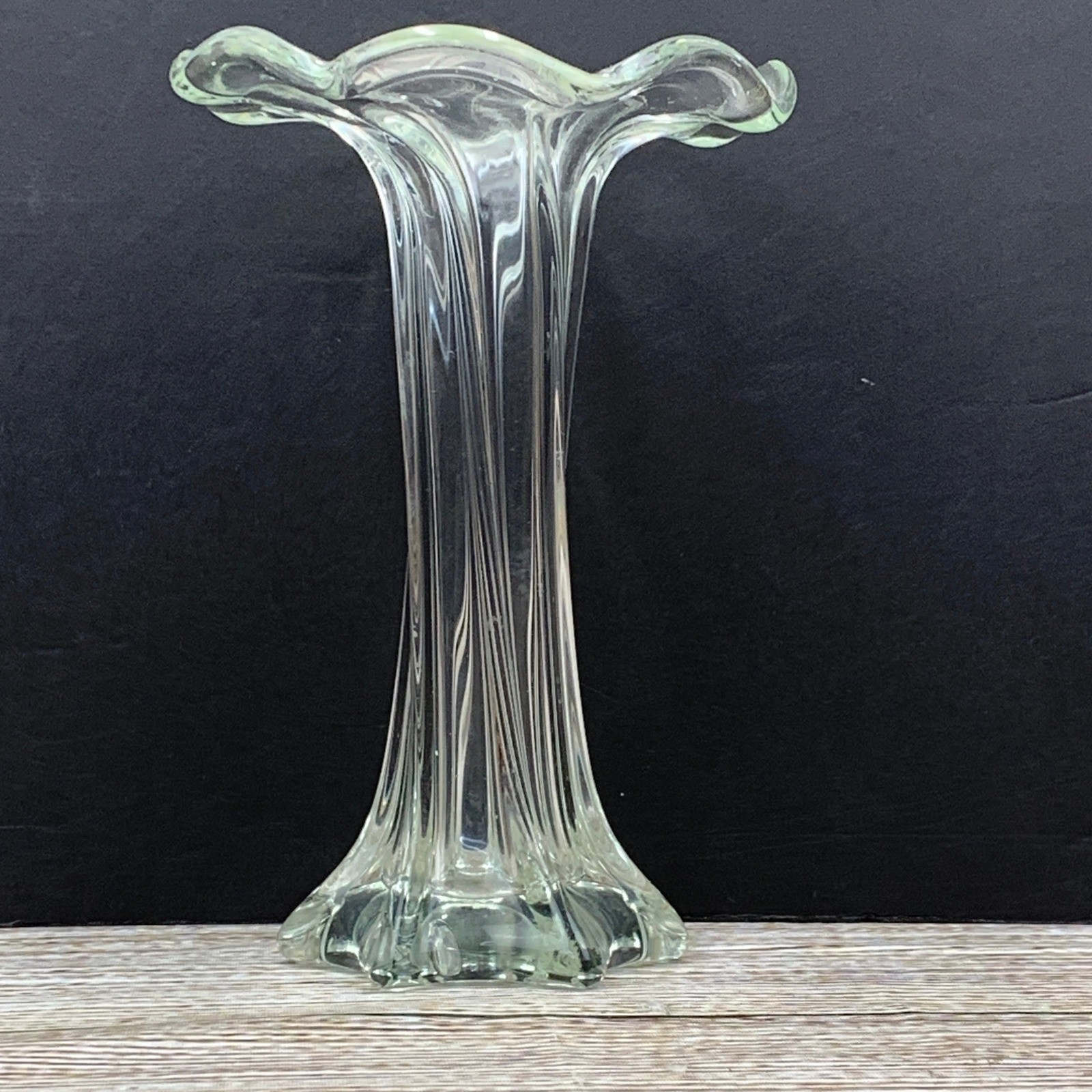 Clear Glass Fluted Trumpet Art Vase Ribbed Swirl Ruffled Rim Decor Vintage