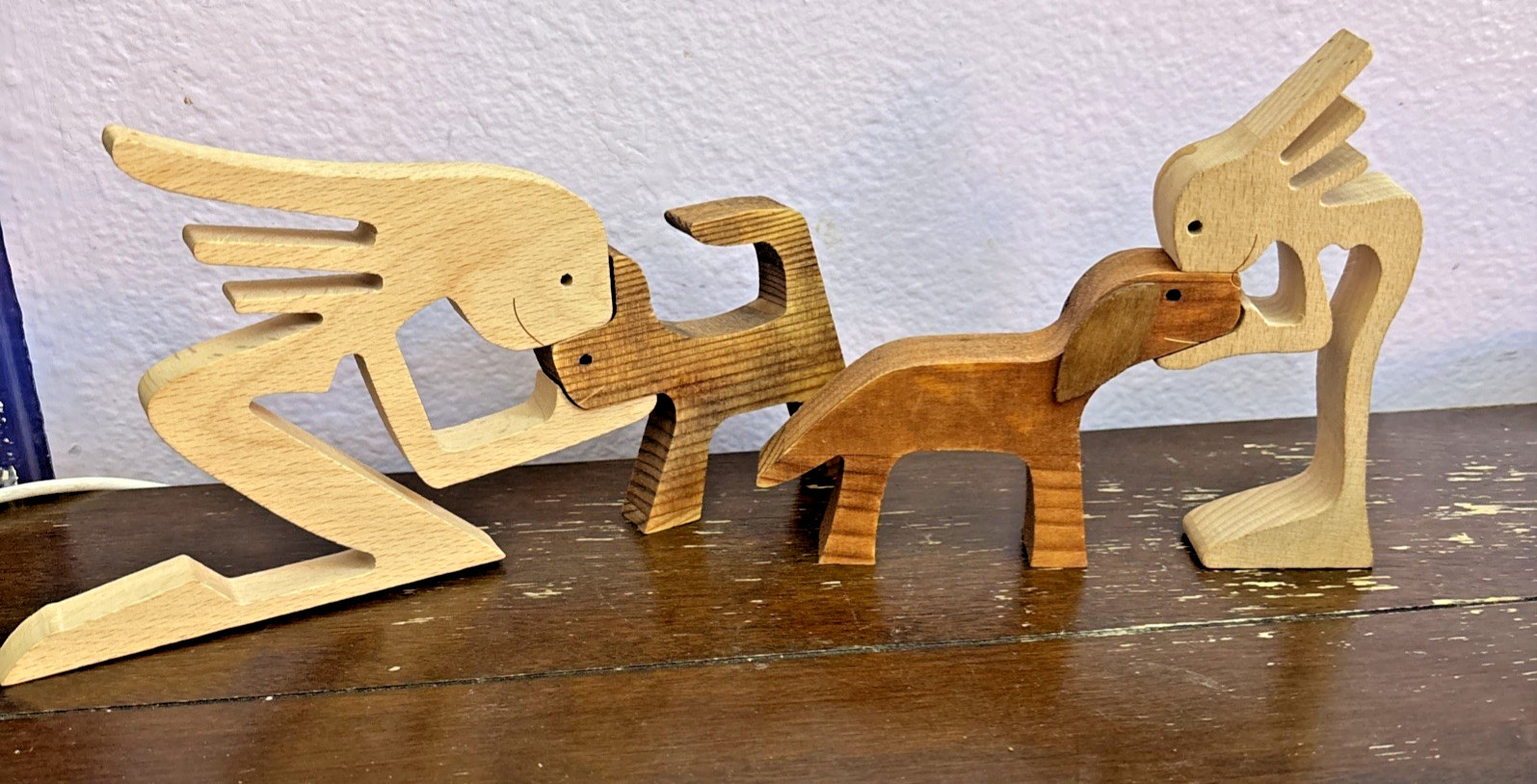 Handmade Wooden Statue Lot Of 2 Woman and Dog Wood Decoration Craft Figurine