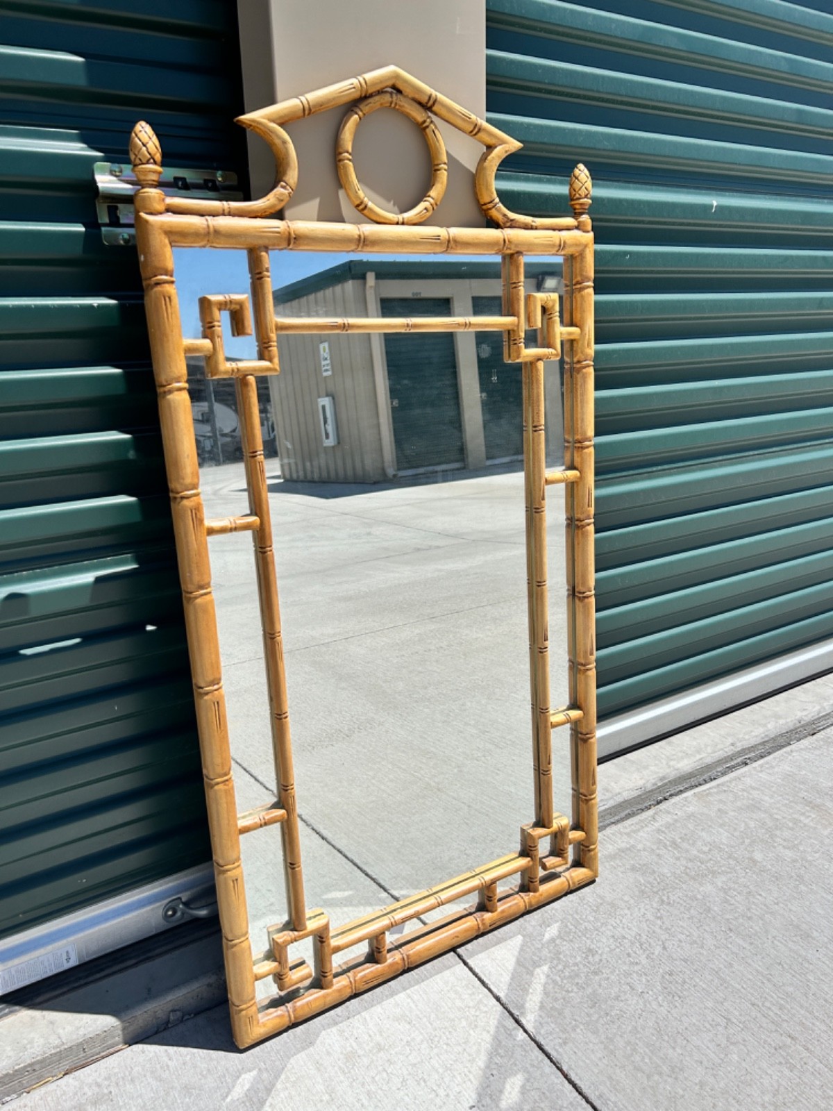Vintage Asian Faux Bamboo Greek Key Pagoda Chinoiserie Wall Mirror 49”h