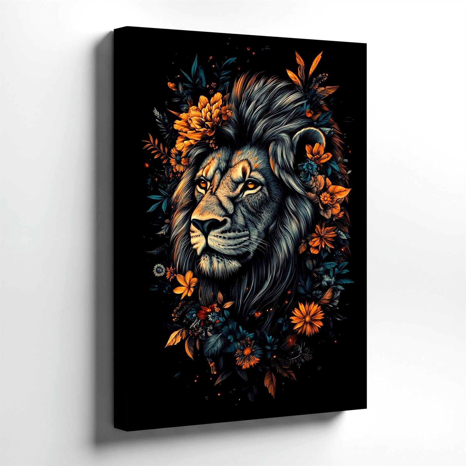 Wall Art Lion Portrait Floral Mane Fantasy Animal Canvas Print Home Decor Poster