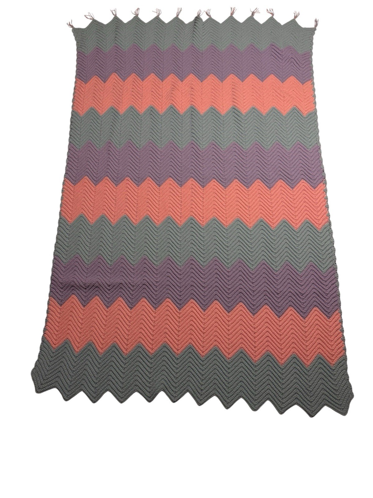 Hand-Crocheted Chevron Afghan – Blue, Pink & Purple Ripple Throw – 49” x 75