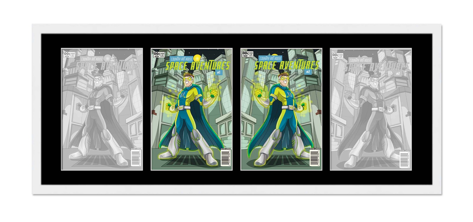 White Comic Book Frame W/ Black Mat For 4 Golden Age Comics Horizontally
