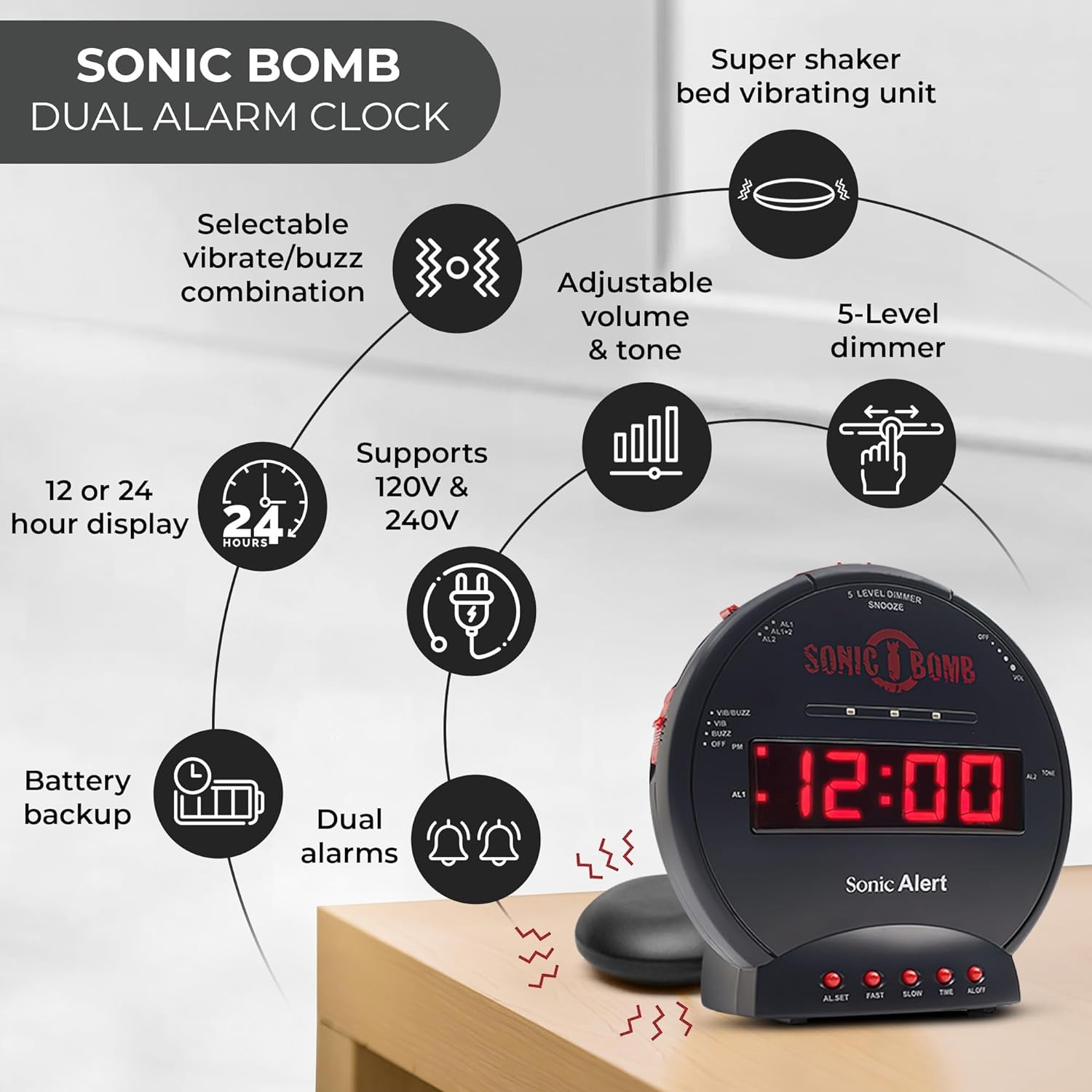 Dual Extra Loud Alarm Clock with Bed Shaker, Black | Sonic Alert Vibrating Alarm