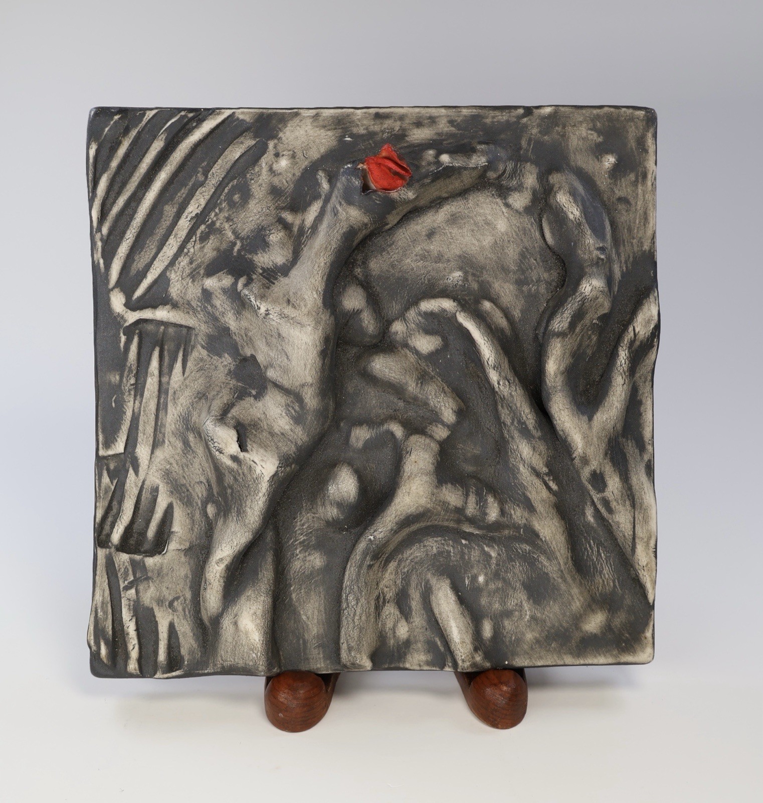 Abstract Biomorphic Art Pottery Tile 3D Sculpture Handmade Gray Red 6 Inches